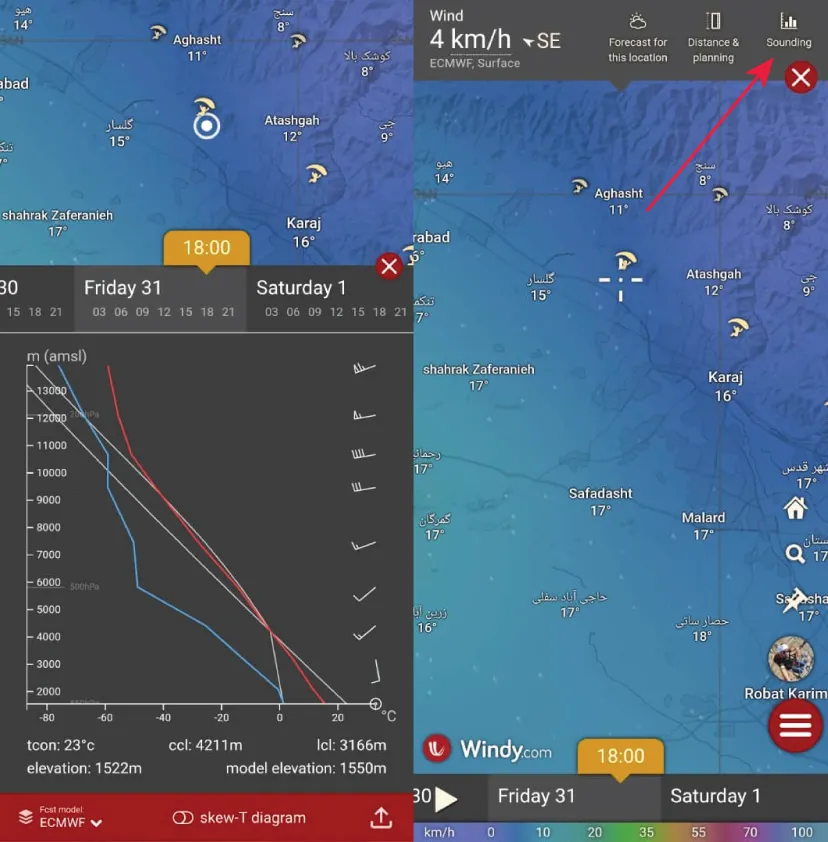 تحلیل پایداری جوی و ترمالها در پرواز پاراگلایدر همراه با آموزش استفاده از Windy برای بررسی ترمالها 2 ویندی اپلیکیشن ویندی